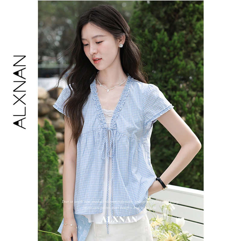 ALXNAN Camisa Azul a Cuadros c - Summer Linen Clothing For Women reseña y precio