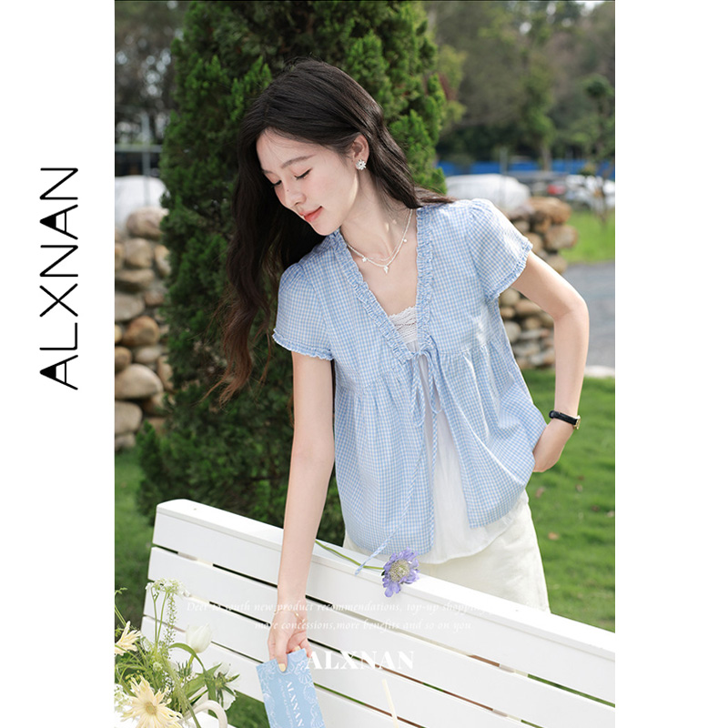 ALXNAN Camisa Azul a Cuadros c - Summer Linen Clothing For Women reseña y precio