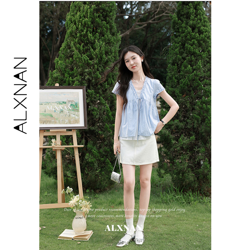 ALXNAN Camisa Azul a Cuadros c - Summer Linen Clothing For Women reseña y precio
